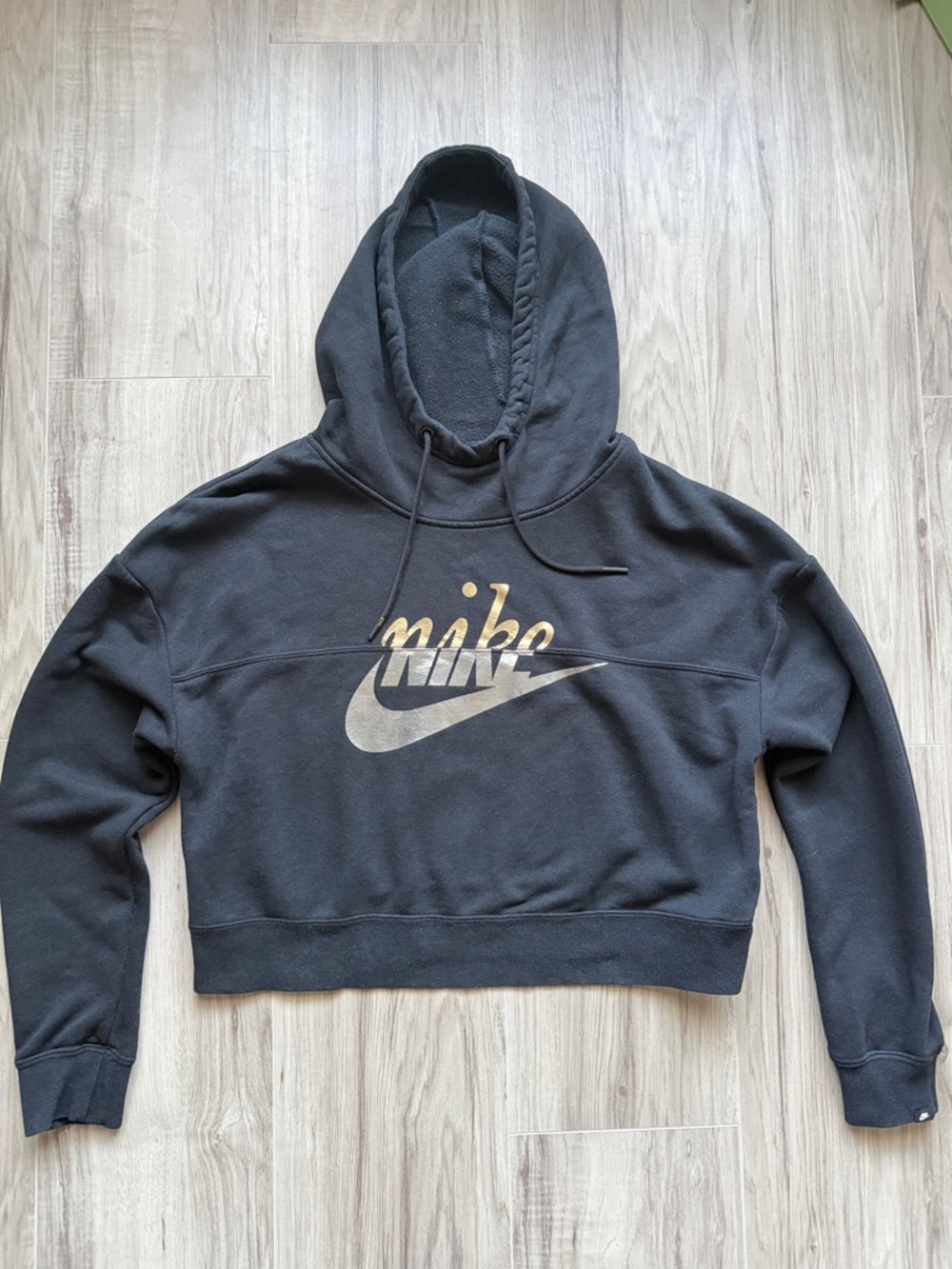 Nike Black Cropped Hoodie with Gold and Silver Logo